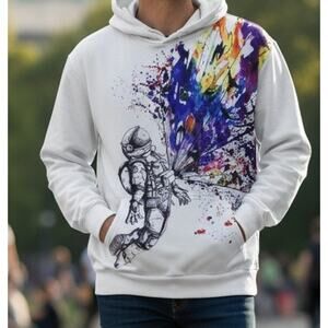 Barbed Rose Spaceman Graohic Hoodie Sweatshirt Unisex Size Medium White